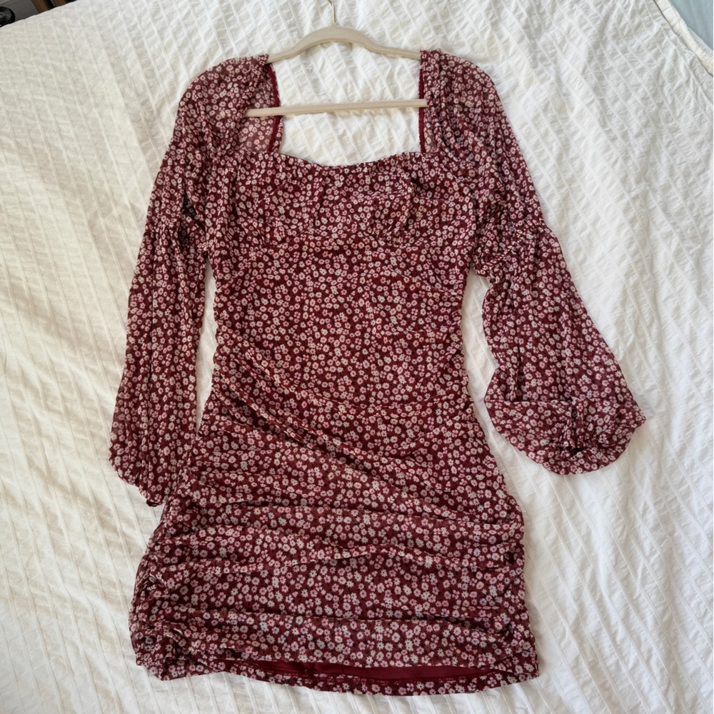 Urban Outfitters Red Ruched Sheath Dress with Bishop Sleeves